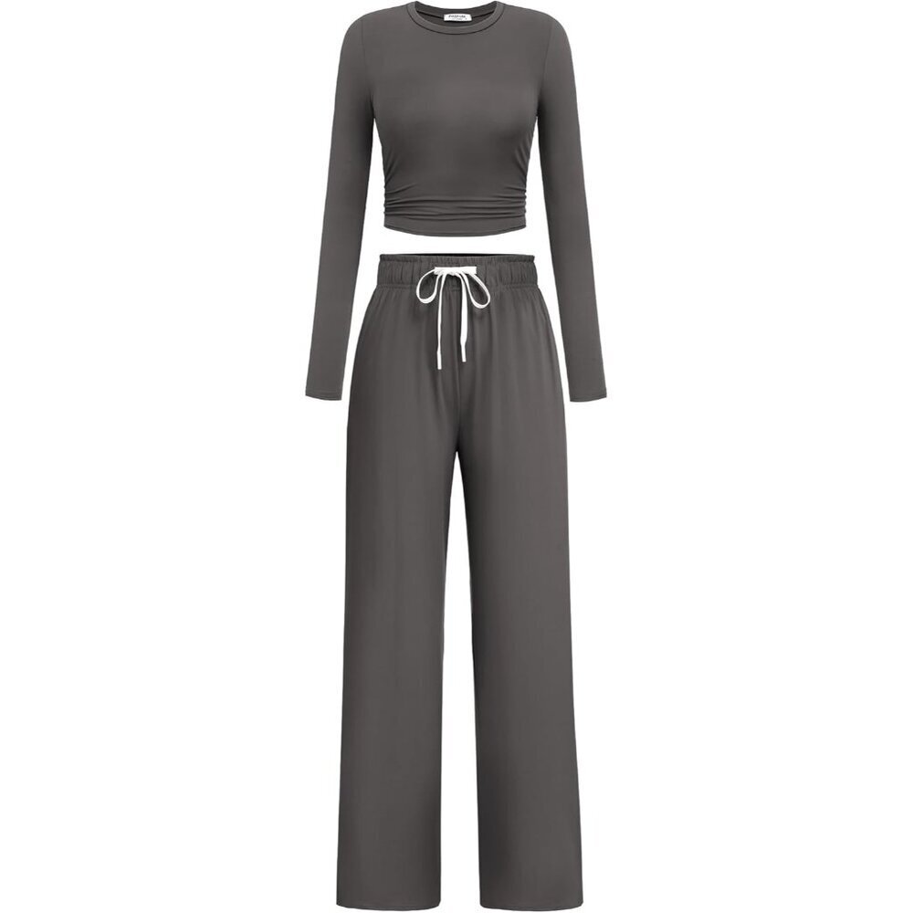Women Lounge Set Two Piece Cropped Top Wide Leg Pants Pockets Fall Outfits
